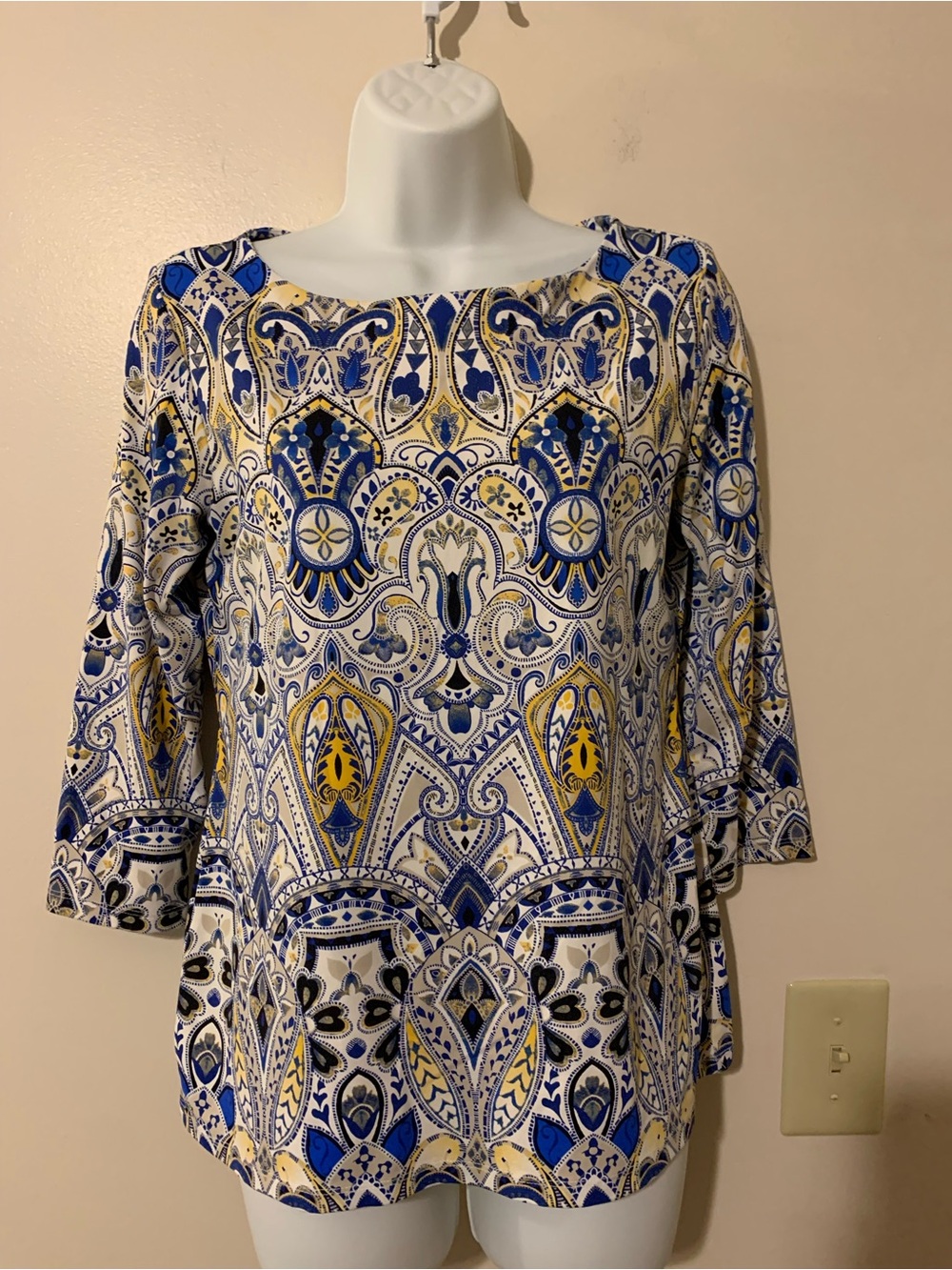 Charter Club White, Blue & Yellow Medallion Print Blouse